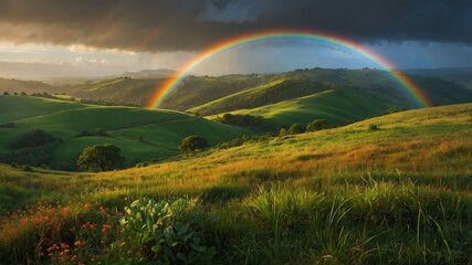 Fototapeta premium Nature's Kaleidoscope: A Vibrant Rainbow Arcs Over Lush Green Hills, Illuminating a Serene Landscape Bathed in Golden Sunlight