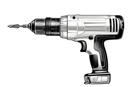 A high-contrast, black and white image of a cordless electric drill with a battery, drill bit, and side handle, isolated on a white background.