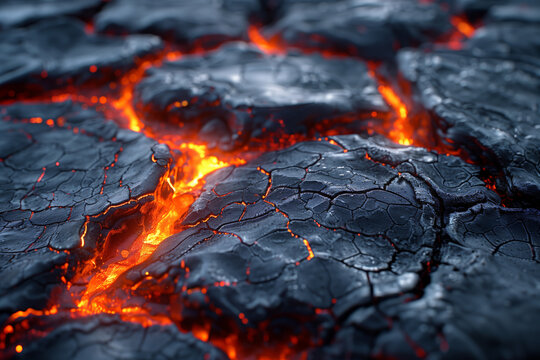 Molten lava flow cooling surface detail at volcanic eruption site, natural wallpaper background