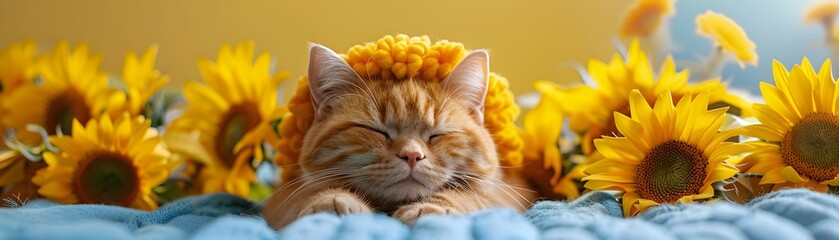 Naklejka premium Adorable Exotic Shorthair Cat Dressed as Vibrant Sunflower in Lush Floral Garden Backdrop