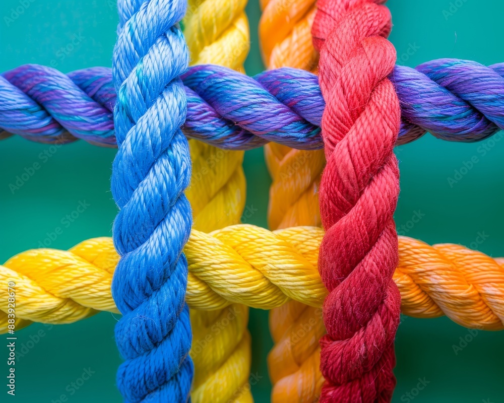 Poster unified strength in teamwork with diverse network of connecting ropes on colorful background