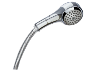 A handheld showerhead with a flexible hose and an ergonomic grip, isolated on a white background