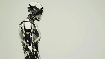A Futuristic Chrome-Effect Robot Stands Sideways, Emphasizing Its Glossy, Reflective Surfaces and Sleek Design. Right Copy Space