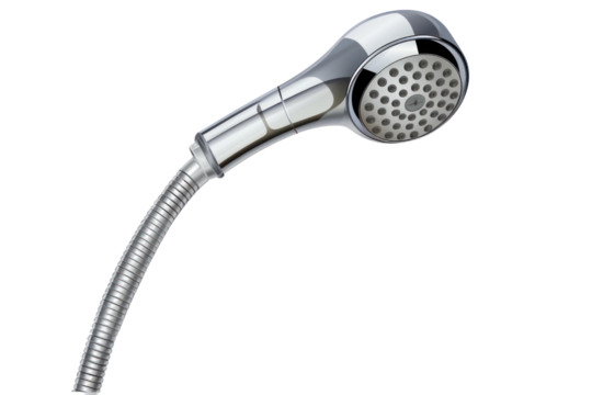 A handheld showerhead with a flexible hose and an ergonomic grip, isolated on a white background