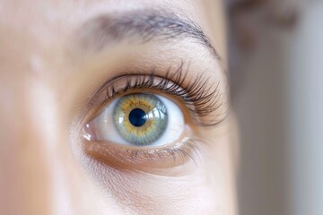 Woman, vision and macro eye detail for healthcare, optometry and contact lens for eyesight. Eyes, medical and healthy pupil and iris on person with focus, looking up and zoom with lashes and contacts 