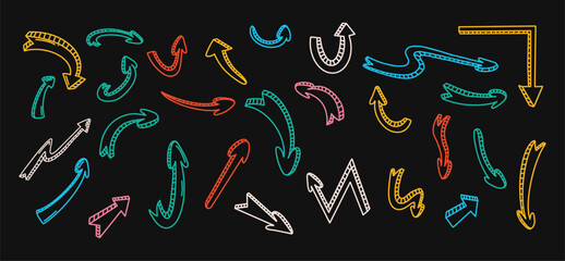 Neon doodle arrow with pseudo 3d vector art on black background. Direction pointers of different colors linear minimalist illustration set