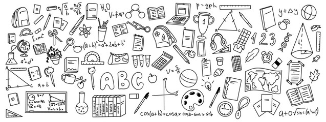 Fototapeta premium Doodle icons of school supplies set on white background. Variety of hand-drawn educational tools in simple monochrome ideal for school-related designs