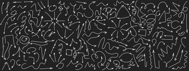 Arrow pointers doodle white 2d line vector icons bundle in negative space. Navigation symbols hand drawn illustration set black and white