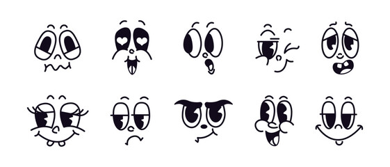 Thin line vintage funny faces icons on white background. Variety of character funny faces ideal for constructing different graphic facial emotions