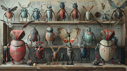 Fototapeta premium Pastel Gothic Insect Sculptures Displayed in a Art Gallery Backdrop
