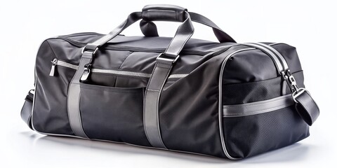 Naklejka premium A sleek, black, and sturdy gym duffel bag with silver accents is positioned in the lower right third of a clean, white, and minimalist background.