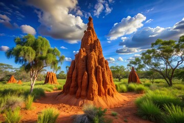 Majestic tall cathedral termite mound rises from red earth in Australian Outback, intricate architecture and vibrant green vegetation surround this natural wonder in Top End.