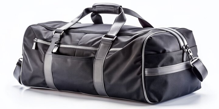 A sleek, black, and sturdy gym duffel bag with silver accents is positioned in the lower right third of a clean, white, and minimalist background.