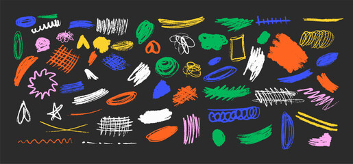 Abstract irregular strokes doodle vector art on black background. Patterns of various scribbles multicolor linear minimalist illustration set