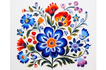 A hand-painted ceramic tile depicting a vibrant floral design, isolated on a white background