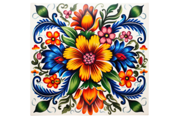 A hand-painted ceramic tile depicting a vibrant floral design, isolated on a white background