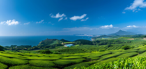 Tea farm on the hill in a clear day, tea plantation on Jeju Island, Panorama view