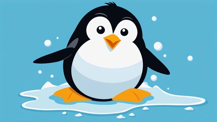 Naklejka premium Funny penguin slipping on an ice patch with a surprised expression, vector flat design clipart