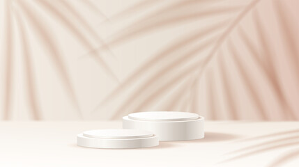 Advertising podium and palm shadow realistic vector illustration. Empty products demonstration stand 3d object on beige background