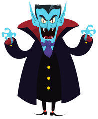 Funny cartoon vampire character design with big open mouth, tongue, fangs. Vampire face mask avatar. Halloween illustration vector isolated. Party or package design