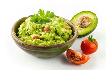 Obraz premium Guacamole on White Background. Traditional Mexican Snack in Bowl with Avocado and Tomatoes