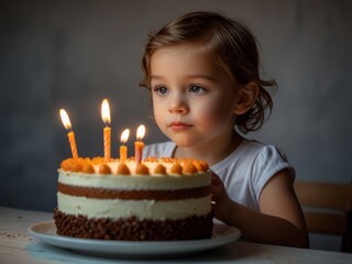 A child stands before a cake adorned with flickering candles; their face obscured by the warm glow. AI generation.