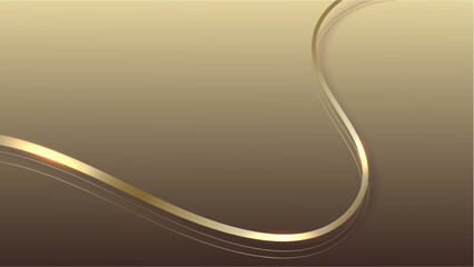 Abstract 3D shiny golden ribbon wave lines elements with glowing light on brown background.