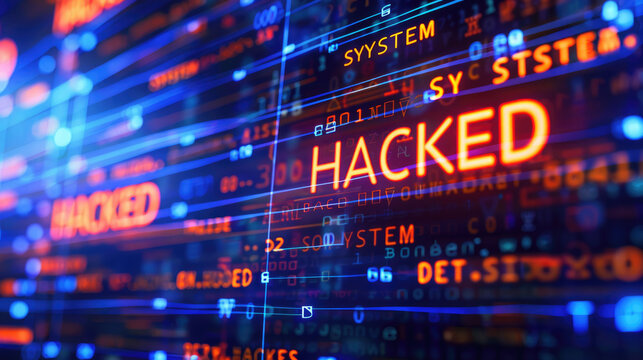 The text "SYSTEM HACKED" was written on a digital screen, against a background of computer code and binary numbers, representing a cyber security concept