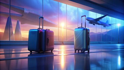 Suitcases at the airport against the background of an airplane. Travel and vacation concept.