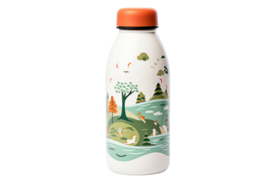 A eco-friendly kids' water bottle made from sustainable materials, isolated on a white background