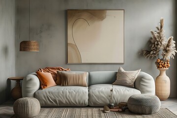 Modern minimalistic living room in a bohemian, scandinavian, nordic style. Mockup with a wall frame poster background. 
