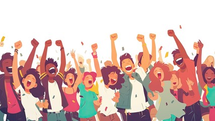 Obraz premium A joyful youth crowd in a fun and engaging cartoon style on a white background. Perfect for celebrating International Youth Day concerts with energy and enthusiasm.