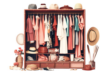 A dream wardrobe filled with designer clothing and accessories, isolated on a white background