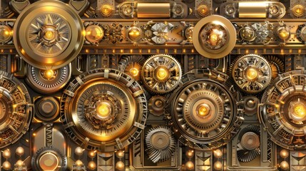 seamless pattern, Intricate steampunk machinery with glowing gears and metallic details, capturing the essence of futuristic mechanical design.