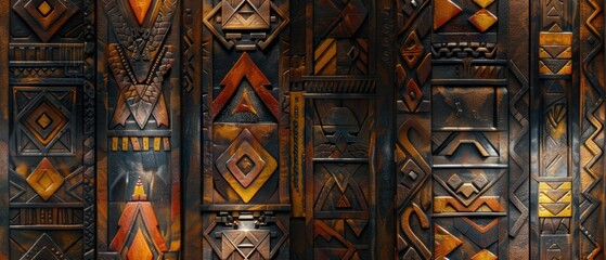 seamless pattern, Intricate tribal wooden wall art featuring detailed geometric patterns in warm earthy tones, showcasing cultural craftsmanship and heritage.