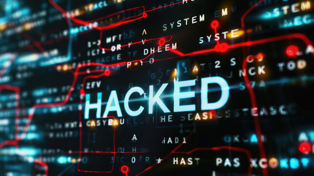 The text "SYSTEM HACKED" was written on a digital screen, against a background of computer code and binary numbers, representing a cyber security concept
