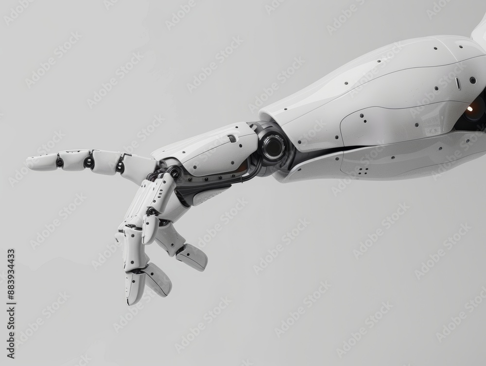 Poster robotic hand pointing with copy space, artificial humanoid hand gesture on gray background