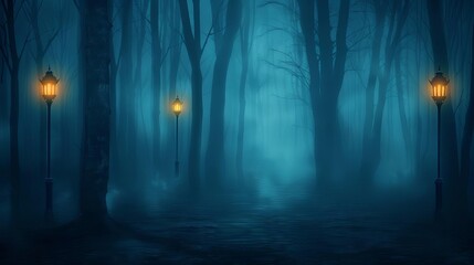 Obraz premium Mysterious foggy forest with glowing lanterns illuminating the path, evoking a sense of eerie calm and mystery at night.