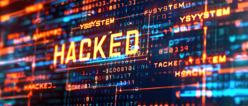 The text "SYSTEM HACKED" was written on a digital screen, against a background of computer code and binary numbers, representing a cyber security concept