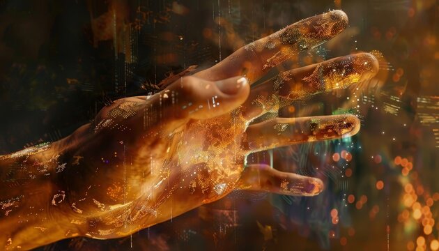 Augmented reality  hand touching mixed reality screen, finger clicking zoom on mouse