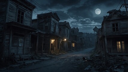 Spooky Halloween night in a gothic forest with a haunted village