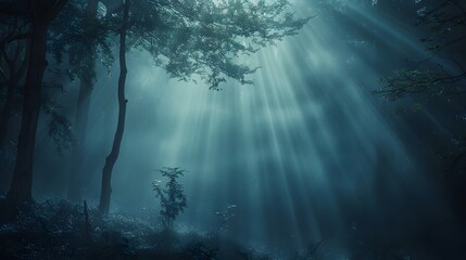 Obraz premium Stunning light beams piercing through foggy air, creating a dramatic and ethereal effect.
