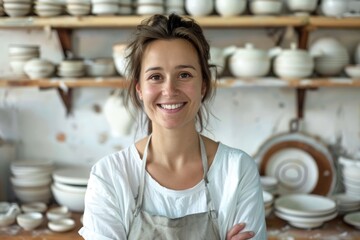 Self-Employed Woman. Successful Entrepreneur Ceramist Potter Creating Unique Handmade Ceramic Items in Workshop
