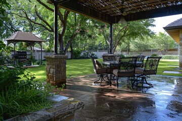 Stamped Iron Patio Furniture Set with Barbecue Grill in Backyard