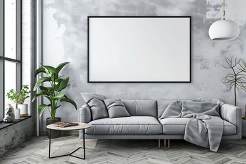 Stylish living room interior design with mock up  poster empty frame, sofa with pillow