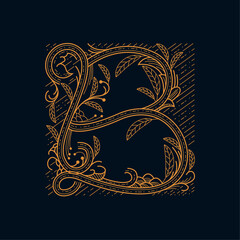 DECORATIVE ART FLORAL 115, LETTER B WITH VINTAGE ENGRAVING STYLE IN GOLD COLOR