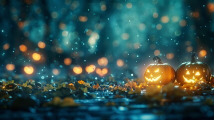 Spooky Halloween night scene with glowing carved pumpkins, autumn leaves, and bokeh lights in the background.