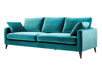 A cozy modern 3-seater sofa made from plush velvet fabric, with deep seating and supportive cushions. Isolated on white background