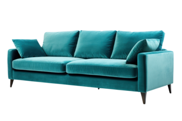 A cozy modern 3-seater sofa made from plush velvet fabric, with deep seating and supportive cushions. Isolated on white background