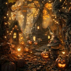 Enchanting Halloween forest scene with pumpkins, fairy lights and a whimsical atmosphere, perfect for seasonal celebrations.